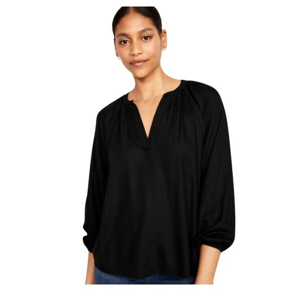 Old Navy Black Split Neck Long Sleeve Blouse Size Small - Picture 1 of 11